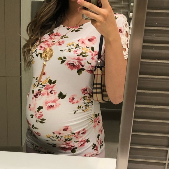 Duetime Maternity S Small White Pink Floral T Shirt - Picture 1 of 5